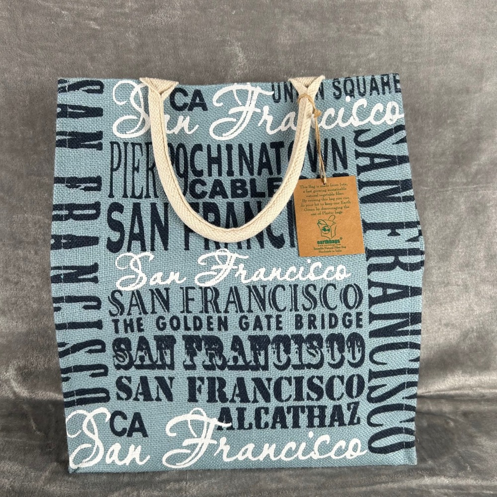 Earthbags San Francisco Jute Tote Bag Blue Reusable Sustainable Travel Souvenir
